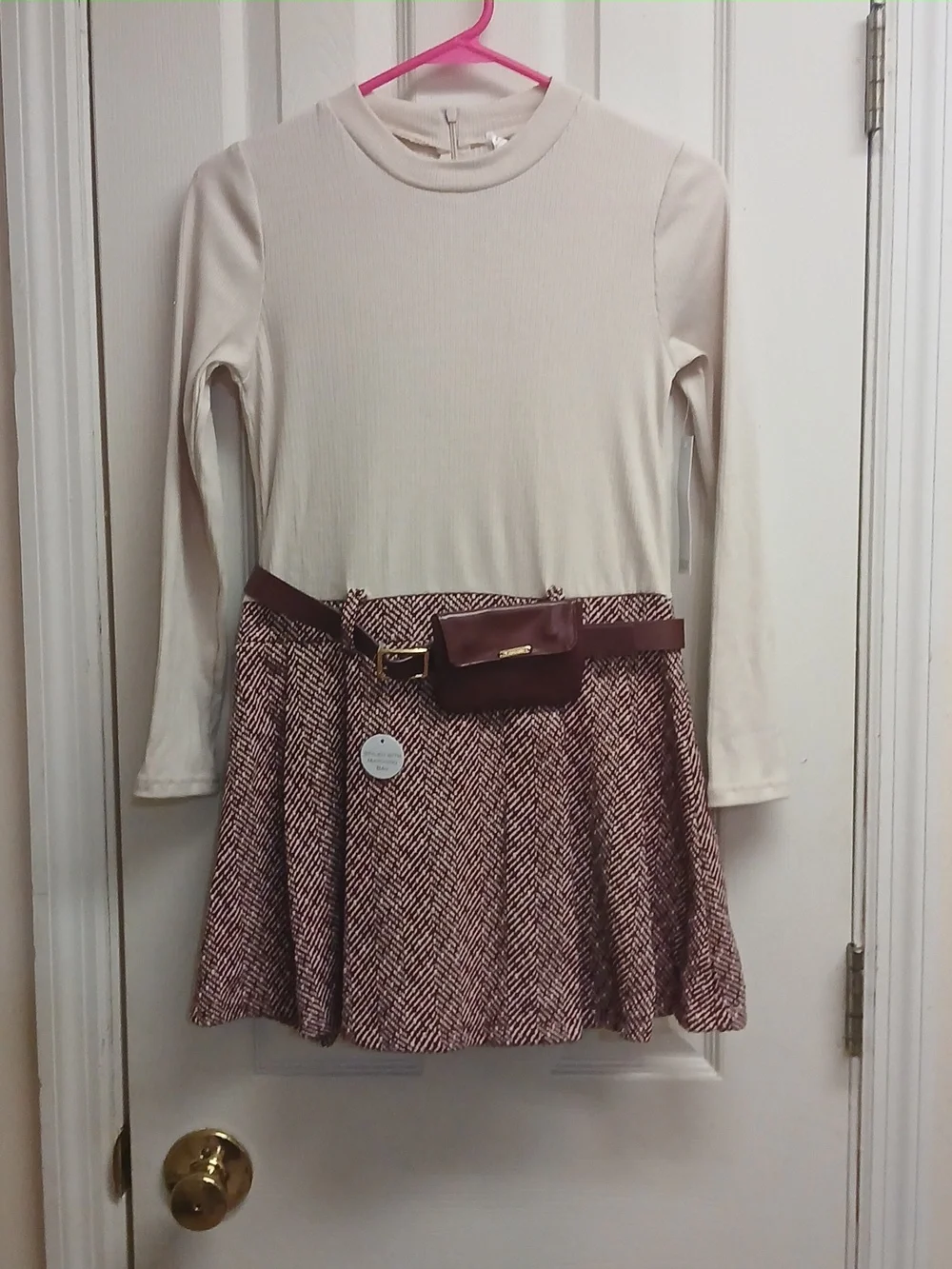 Tahari Girl Mixed Media Dress Size 10 Ribbed Long Sleeve Herringbone Skirt Belt